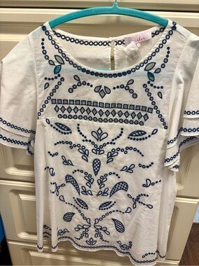 Parker White Short Sleeve Tunic with Navy Embroidery